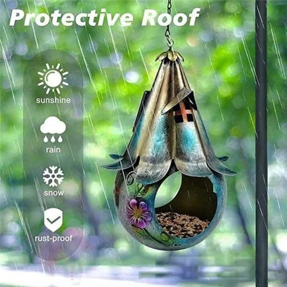 Solar Bird Feeder - Hanging 2 in 1 Solar Iron Bird House with LED Lights - Picture 4 of 4